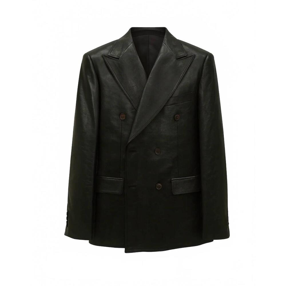 NEW CIGAR men's double breasted leather feel suit 2 piece set in black
